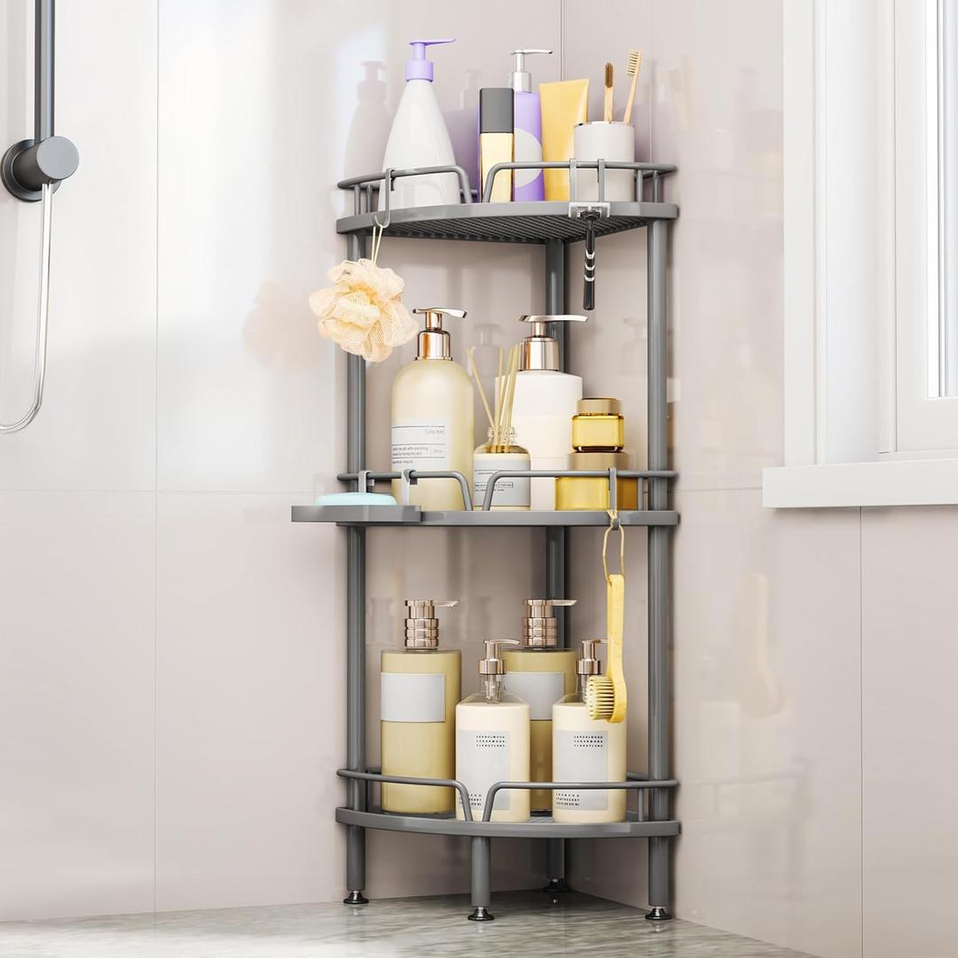 Consumest Corner Shower Caddy Stand - 3 Tier Shower Organizer with Soap Holder, Tall Floor Corner Shelf Standing with Adjustable Feet & 4 Hooks, Storage Rack for Bathroom Grey