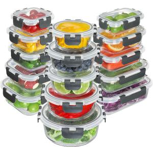 BAYZZ 30 Piece Glass Food Storage Containers Set, Glass Meal Prep Containers with Lids, Airtight Lunch Box, BPA-Free, Microwave, Freezer & Dishwasher Safe (Gray)