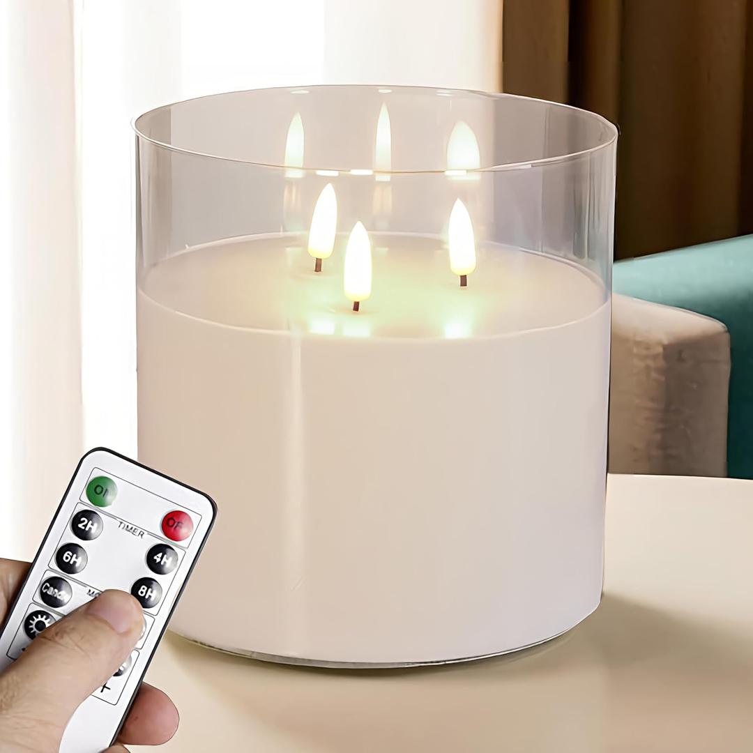 NICEME Extra Large 3 Wick Battery Operated Candle, 6"x6" Big Clear Glass Flameless Candles with Remote, Real Wax Flickering Led Pillar Fake Giant Candle for Wedding Party Holiday Home Decor, White
