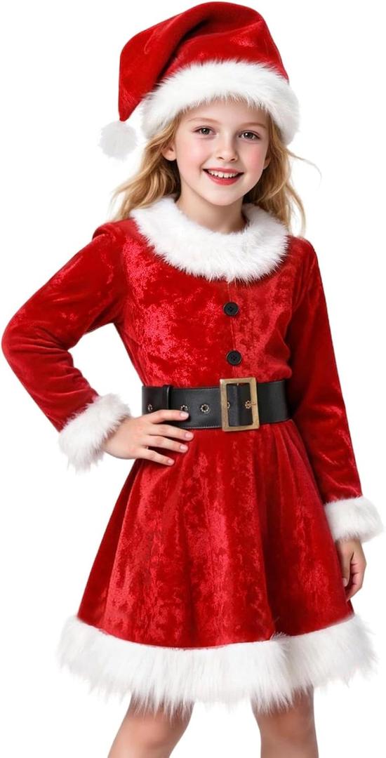 Girls Mrs. Santa Claus Costume Girls Christmas Dress for Kids Xmas Cosplay Party (8-9 Years)