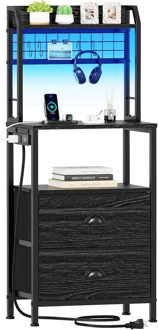 Furologee 41'' Tall Nightstand with Charging Station, Bedside Table with LED Lights, End Table with 2 Drawers and Storage Shelves, Night Stand with Pegboard for Bedroom, Black Oak