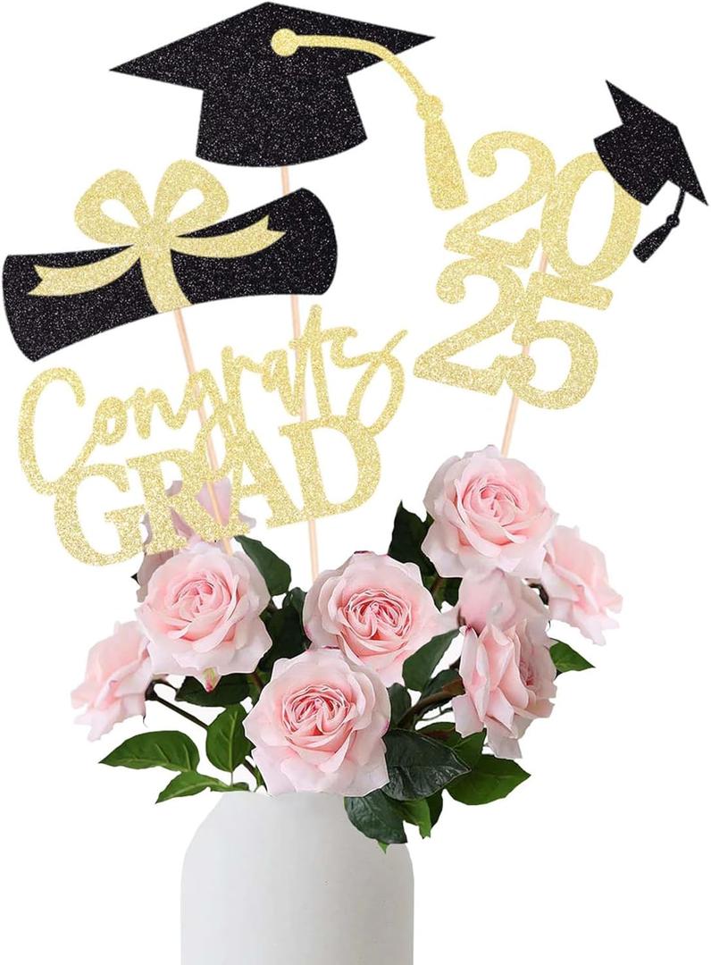 Graduation Decoration Class of 2025 Centerpieces for Table, 2025 Party Centerpieces Grad Cap Sticks Party Supplies, Graduation Party Decoration Toppeers (16 PCS, Gold & Black, Set of 4)