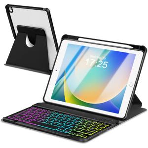 EAMPANG Case with Keyboard for iPad 9th 8th 7th Generation 10.2 inch,7 Rainbow Backlit Detachable Wireless Keyboard Rotatable Magnetic Cover with Pencil Holder for iPad Air 3rd Gen/Pro 10.5 Black