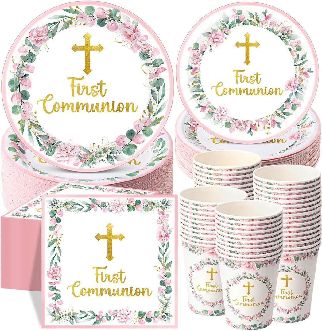 Pickmesh 250 Pcs Pink First Holy Communion Disposable Tableware Set God Bless Baptism Disposable Paper Plates Napkins and Cups for Girls Christening Celebration Baby Shower Religious Supplies Serve 50