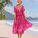 YESNO Summer Floral Midi Dresses for Women V Neck Puff Short Sleeve Frill Trim Dress with Pockets EVX