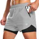 Pudolla Men's Lightweight 2 in 1 Running Shorts 5" Zipper Pockets Quick Dry Gym Workout Athletic Shorts Compression Liner (Medium)