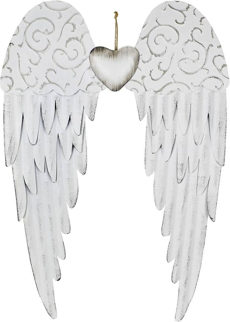 Angel Wings Wall Decoration, Antique Hanging Metal Wings Wall Dcor with Heart Decorative Wall Sculpture Indoor Outdoor for Home Bedroom Living Room Garden