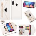 Wallet Case for Samsung Galaxy A20e Leather Flip Zipper Purse Handbag with Credit Card Holder Crossbody Shoulder Strap and Wrist Strap Lanyard Phone Cover for A 20e 20ae Women White