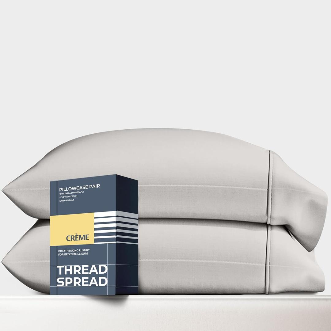 THREAD SPREAD 100% Egyptian Cotton Pillow Cases Queen Size Set of 2 - Luxury 1500 Series Queen Pillow Cases (Light Grey), Soft Cooling Envelope Closure Hotel Quality Egyptian Cotton Pillowcases