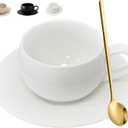 ARISKEY Latte Art Cup with Saucer,9.5OZ/280ml Ceramic Cute Cup with Coaster for Tea, Milk and Latte Art,Dishwasher and Microwave Safe(Pure White)