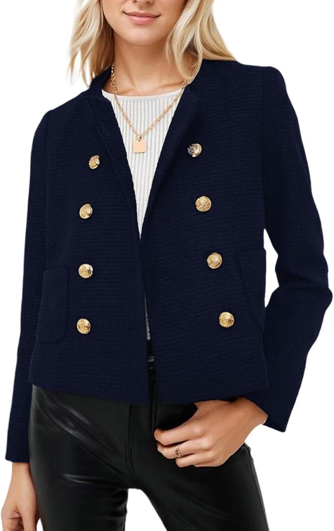 Kedera Womens Cropped Tweed Blazer Jackets Long Sleeve Open Front Blazer for Work Casual Business Outfits (Large)