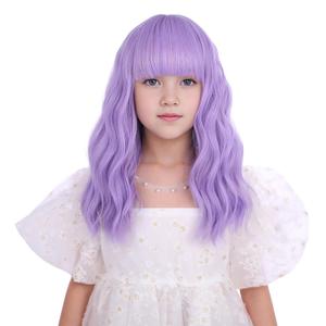 Kids Light Purple Wig Short Purple Wig with Air Bangs for Girls Short Wavy Curly Lavender Wigs for Child Heat Resistant Synthetic Wigs with Cap