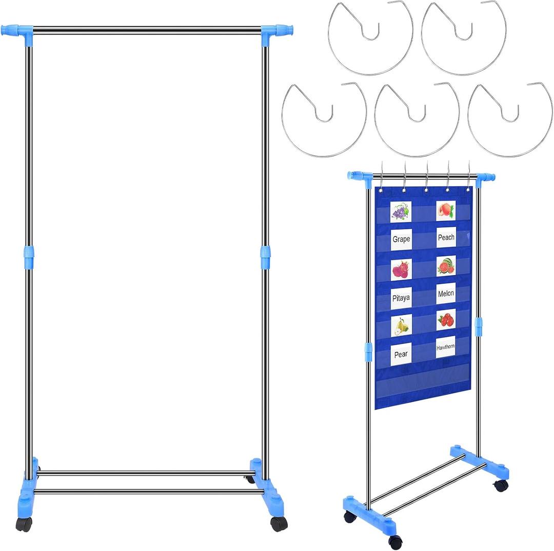Fuyoooo Adjustable Pocket Chart Stand Stainless Steel Expandable Chart Stand with Casters Rolling Anchor Holder with 5 Rings for Classroom Home Educational Tools, Adjustable to 63 Inch(Blue), 35 to 63 Inches