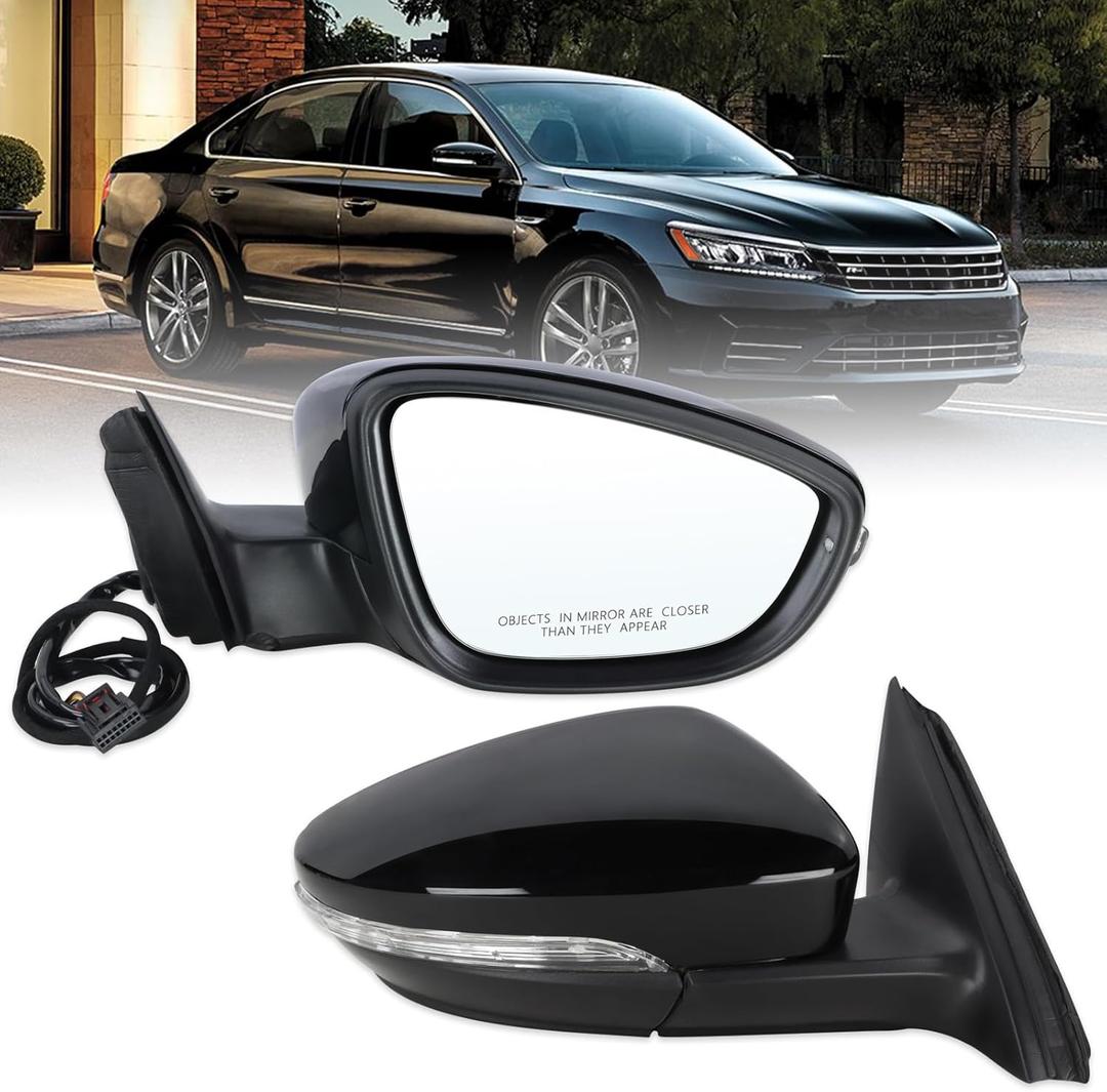 Right Passenger Side Mirror Compatible With 2016 2017 2018 2019 2020 2021 2022 VW Passat With Power Folding Power Glass Heated Turn Signal Black Replace#561857508BB9B9(8Pins)