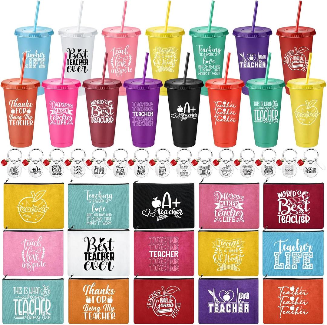 Honeydak 45 Pcs Teacher Appreciation Gifts Set Thank You Cups Makeup Bags Keychain Bulk Teacher Week Thank You Gift for Teachers Day End of Year Staff Holiday Gift(Elegant Style)