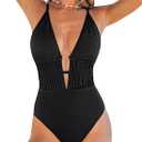 CUPSHE Women's One Piece Swimsuit Plunging Neck Cutouts Bathing Suit Textured Ruched Crisscross Back Self Tie Swimwear Medium