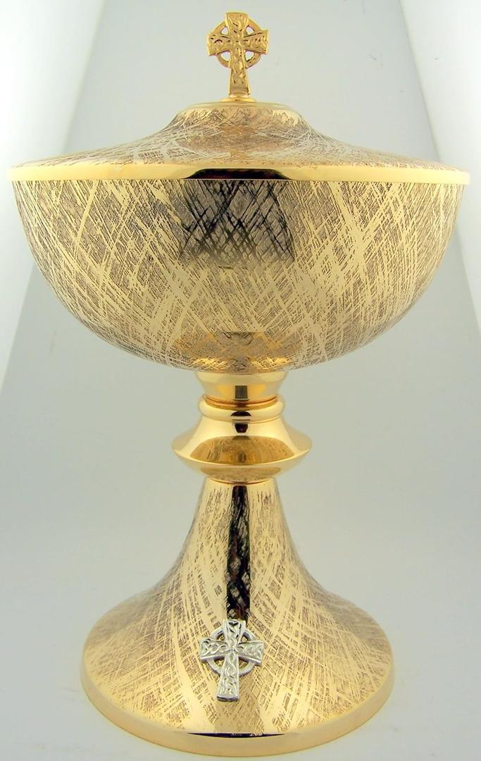 Christian Brands Solid Brass Ciborium with Cover, 9.5" Tall, Celtic Cross
Holds 400 Hosts, Gold Plated, Crosshatch Brushed Finish