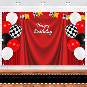 2 x 5x3ft Car Black White Grid Red Birthday Themed Backdrop Racing Flag Red Photography Background for Boys Kids Happy Birthday Party Banner Photo Booth Props with Racetrack Carpet Runner