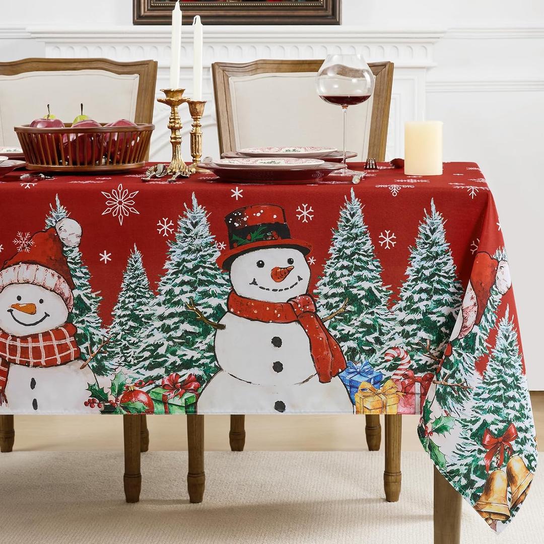 Romanstile Red Christmas Tablecloth, 60 x 120 Inch Rectangle Printed Winter Snowman and Xmas Tree Design Table Cloths, Holiday Decorative Washable Table Covers for Dinner Party Decor