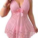 Alrovetoney Lingerie For Plus Size Women Lace Chemise Mesh Sleepwear Strappy Sexy Nightgown Boudoir Outfit, Pink XL