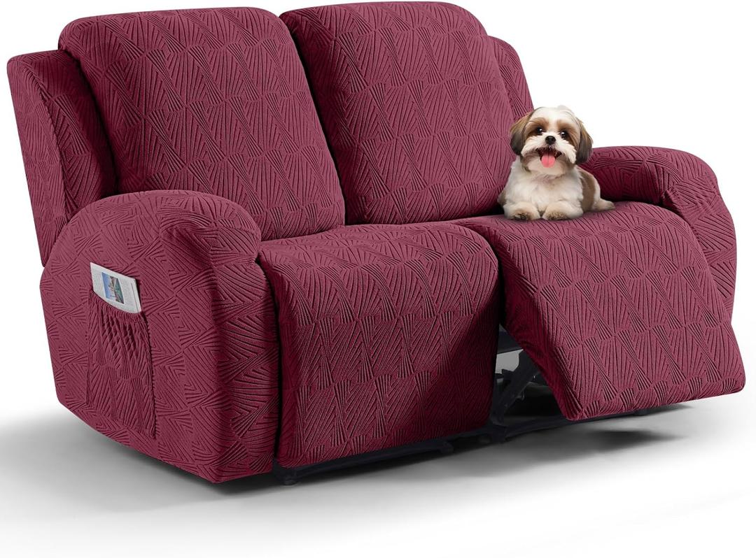 VANSOFY Recliner Loveseat Cover, 6-Pieces Stretch Dual Recliner Sofa Cover Soft Jacquard Reclining Couch Slipcover Furniture Protector with Elastic Bottom for Kid, Pets(2 Seat,Wine)