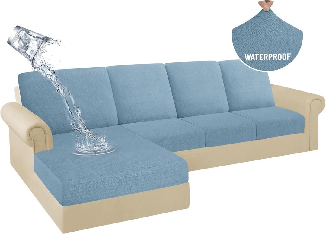 HDCAXKJ 100% Waterproof Sectional Couch Cushion Covers 8 Pieces L Shape Sectional Cover Stretch Chaise Sofa Seat Slipcover Set Jacquard Magic Sofa Cover (Denim Blue, 3 Seater + 4 Backrest + 1 Chaise)