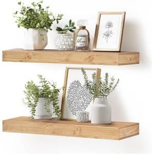 24x6.8x2 Inch Rustic Floating Shelves for Wall Set of 2 - Oak Solid Wood Wall Mounted Shelves with Invisible Bracket, Extended Design for Farmhouse Living Room Bedroom Kitchen Decor