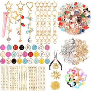 428Pcs Charms Lip Gloss Keychain Making Kit, DIY Bag Charm Kit with 25 Keychain Clips 25 Extender Chain 140 Charms Jewelry Plier & Beading Accessories, Jewelry Making Kit for Custom Keychains Gifts