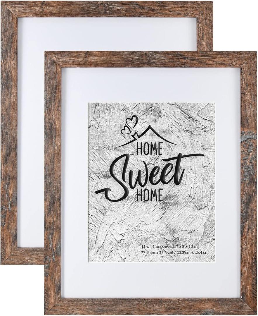 Califortree Rustic Brown 11x14 Picture Frame - Display Photos 8x10 with Mat or 11x14 Without Mat - Real Glass Inside - Set of 2