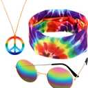 Frienda 3 Pcs Hippie Accessories Costume 70s Tie Dye Leopard Outfits Hippie Headbands for Men Peace Sign Necklace Sunglasses