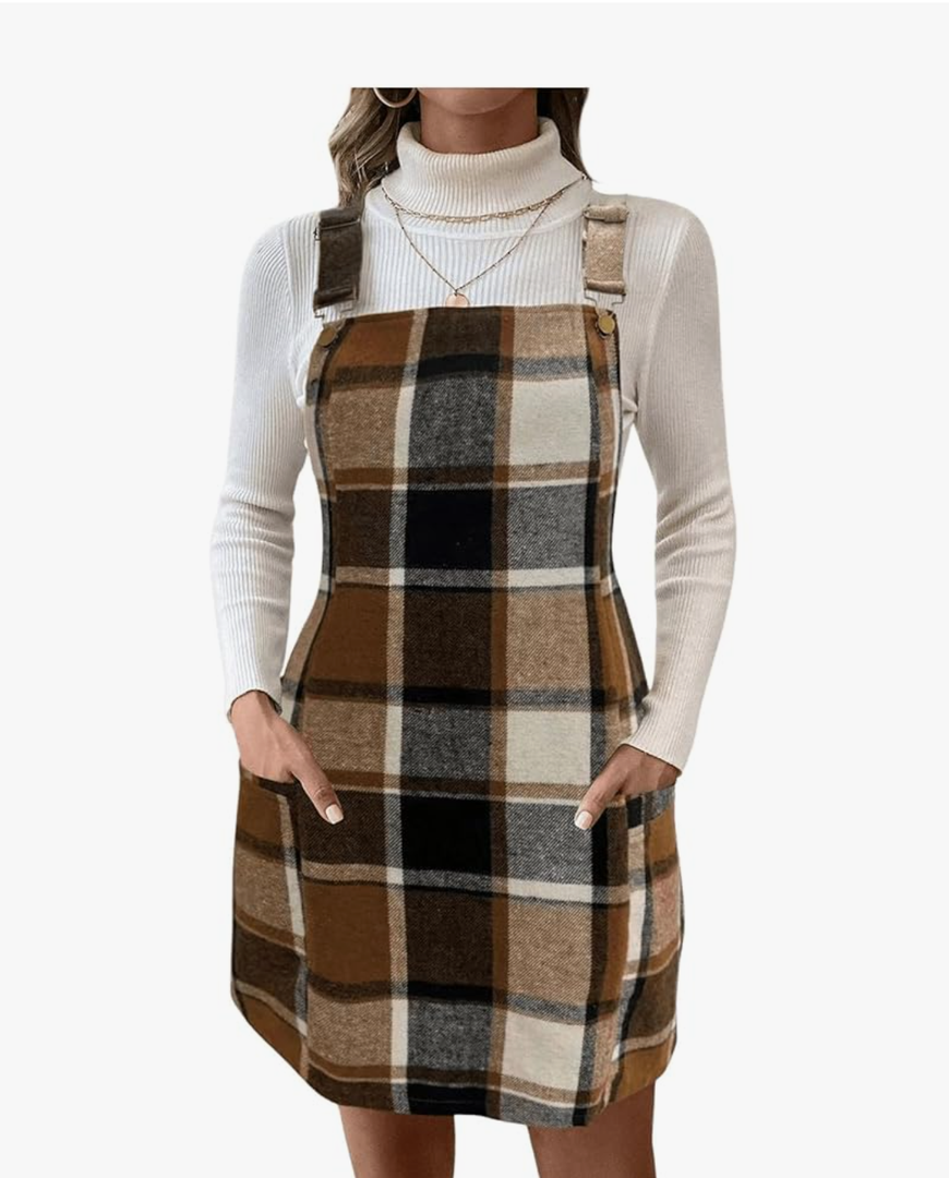 Women's Plaid Sleeveless Overall Dress Flannel Pinafore Short Dresses L