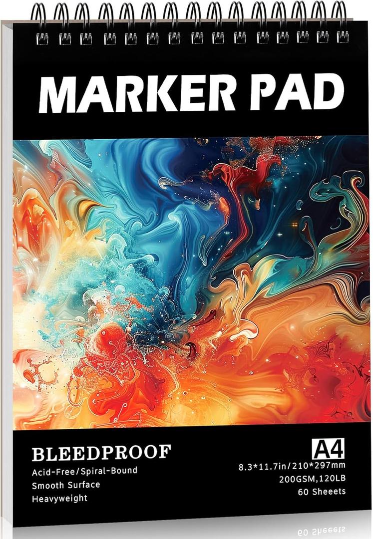 60 Sheets Marker Paper Pad, A4(8.3"x11.7") Alcohol Marker Paper Sketch Pad, 120lb/200gsm Heavyweight Spiral Sketch Book, Painting Coloring Drawing Paper for Beginners Artists