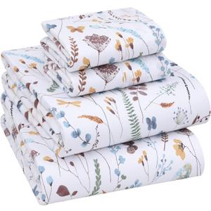RUVANTI 100% Cotton King Size Sheets Set, 4 Pieces, Soft & Breathable Percale Weave Bedding, Deep Pocket 16", Hotel Standard, Crisp Cool Feel, Durable, Perfect Floral Bed Sheet, Fern Class