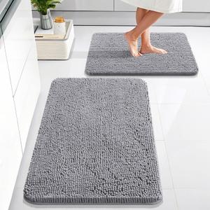 OLANLY Bathroom Rugs Sets 2 Piece, Soft Absorbent Chenille Bath Mats Area Rug Set, Non-Slip, Quick Dry, Machine Washable Bath Mats for Bathroom, Home Decor Accessories (30"x20"+24"x16", Grey)
