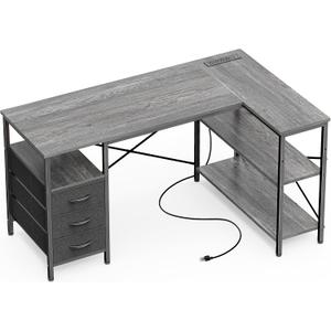 Huuger L Shaped Office Desk with Power Outlets, 47 Inch Computer Desk with 3 Drawers, Shelves, for Gaming, Corner Work, Home Office, Study, Grey