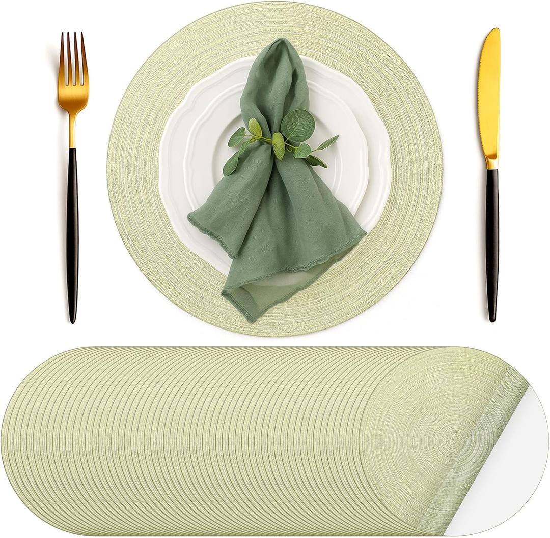 Geosar 100 Pcs Disposable Paper Placemats Cotton Woven Look 13'' Round Placemats Rustic Disposable Table Pads Bulk for Dining Table Decoration Birthday Wedding Bridal Baby Shower Party(Light Green)