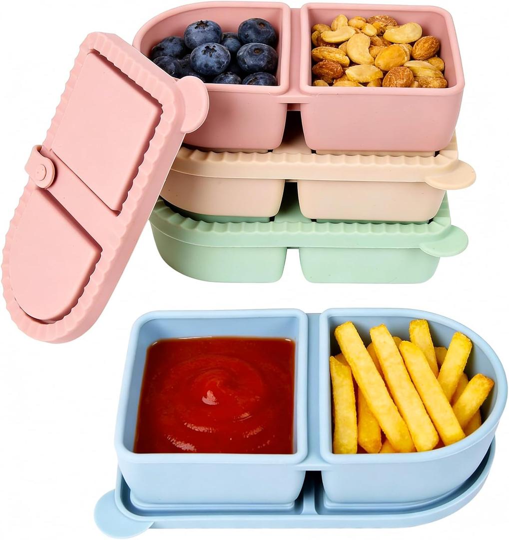 4 Pack Snack Containers with Lids, Silicone Reusable Snack Containers, Lunch Box Double Compartment, Portable Silicone Food Storage Box for School, Office, Travel