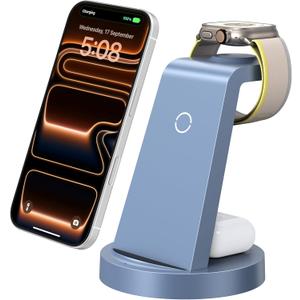 Anlzm 3 in 1 Charging Station for iPhone, Wireless Charger for iPhone 17 16e 16 15 14 13 12 11 X Pro Max & Apple Watch - Charging Stand Dock for AirPods (Blue)