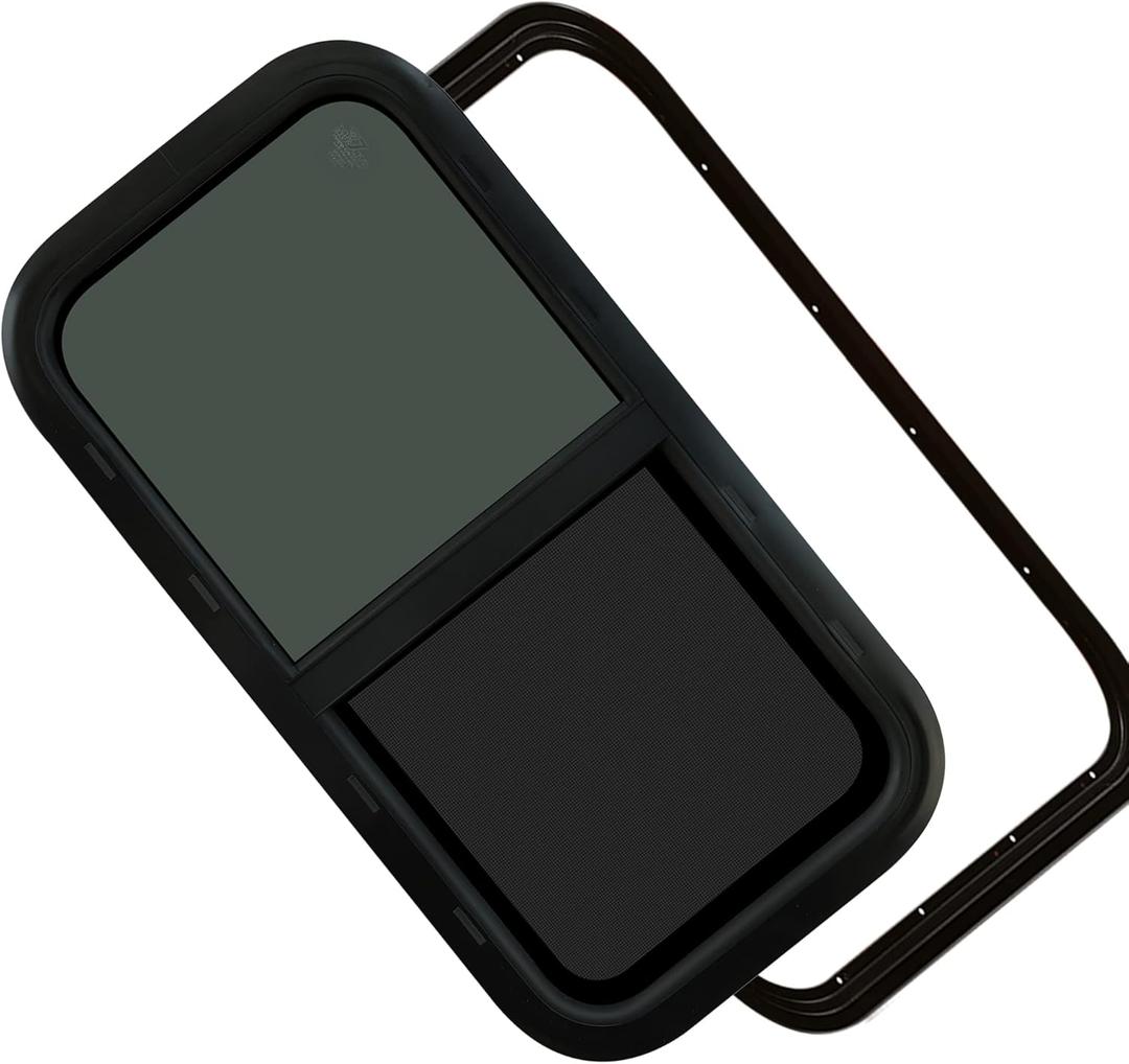 RV Murts Trailer Window 30"x15", Tempered Glass with Screen & Trim Kit, 1-1/2" Wall Fit for Teardrop Camper, Cargo, Travel Motorhome, Horizontal Slide.(Aluminum, Shatterproof, Cold Insulation)