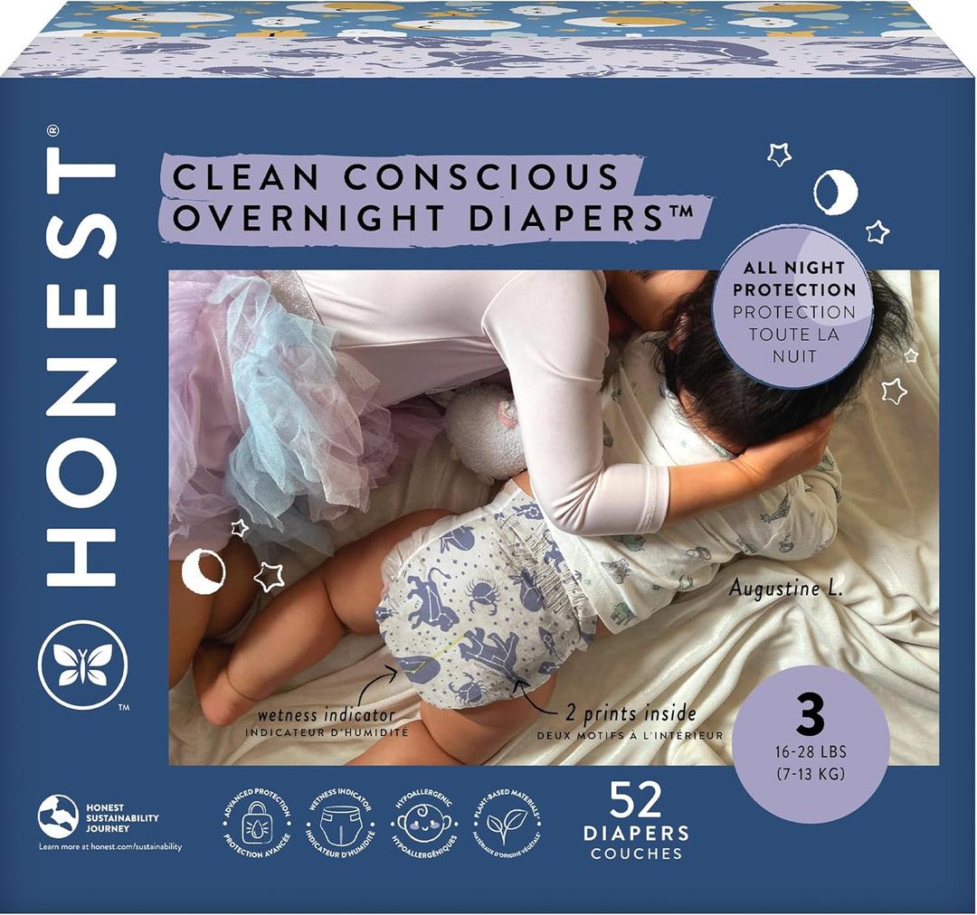 The Honest Company Clean Conscious Overnight Diapers | Plant-Based, Sustainable | Cozy Cloud + Star Signs | Club Box, Size 3 (16-28 lbs), 120 Count