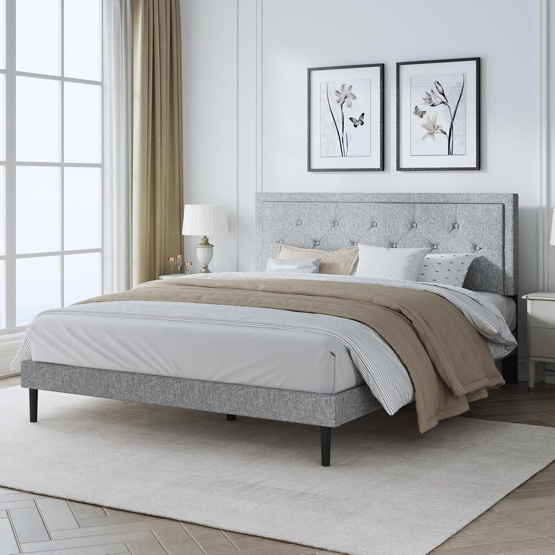 Queen Size Bed Frame with Upholstered Linen Headboard, Platform Bedframe Mattress Foundation No Box Spring Needed, Button Tufting Design, Strong Wooden Slats, Gray