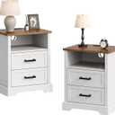 ChooChoo Farmhouse Night Stands with Charging Station, Wood Nightstand Set of 2 with 2 Drawers, Bedside Table with Open Storage Shelf for Bedroom, White