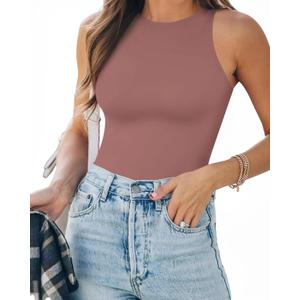 MANGOPOP Tank Top Body Suits Women Sexy Crew Neck Racerback Halter Ribbed Sleeveless Bodysuit for Women (Medium, D9 Sleeveless Marsala)