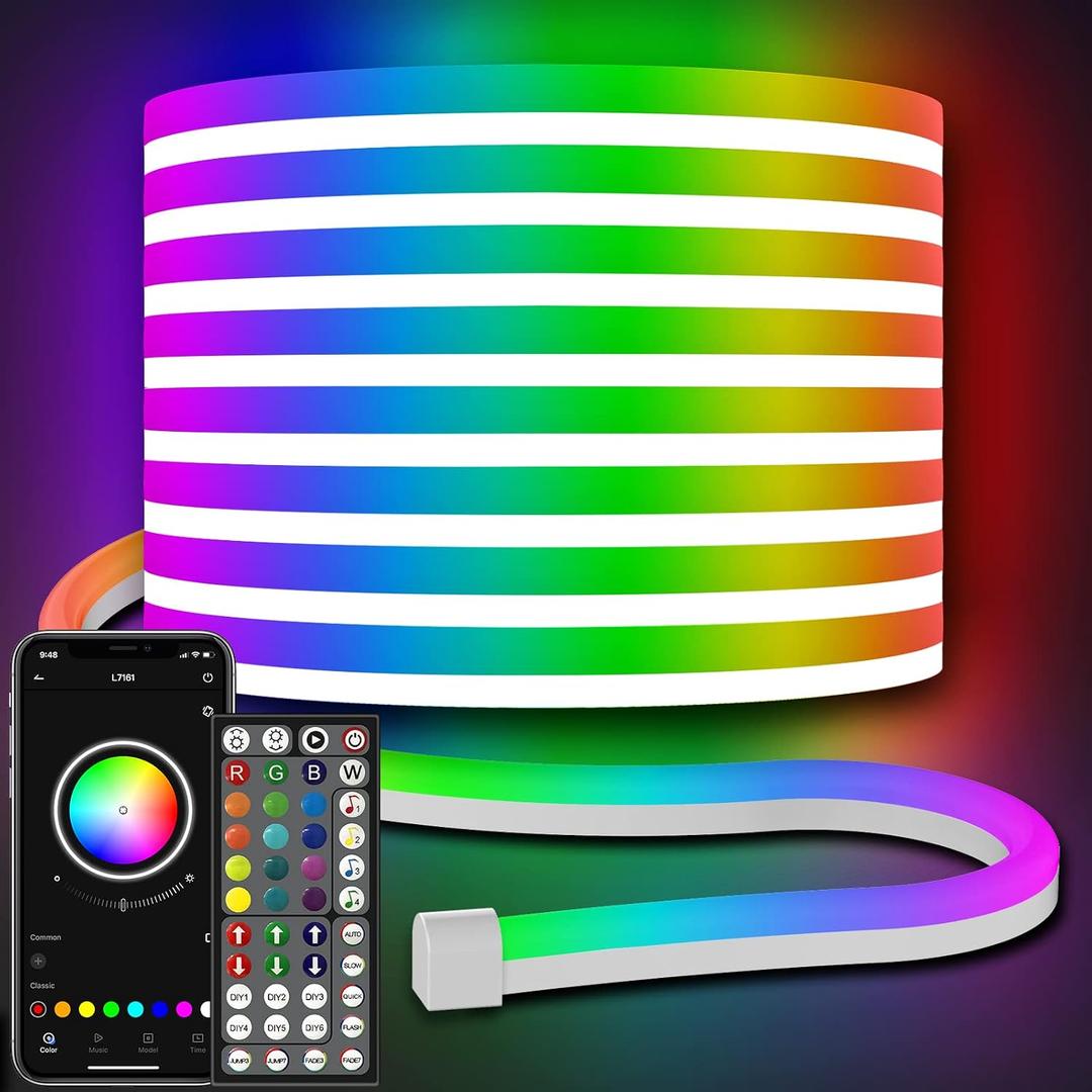 32.8Ft Neon Rope Lights,Flexible Led Rope Lights Control with App/Remote,Multiple Modes RopeLights,IP65 Outdoor RGB Led Neon Lights NonWater Resistant,Music Sync Gaming Led NeonLight Strip
