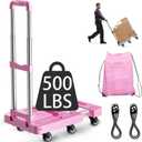 Folding Hand Truck, Foldable Cart for 500 lbs Heavy Luggage, Hand Truck Dolly, 6-Wheel Foldable Dolly with 2 Ropes, Ideal for Home, Office, and Travel Moving (Pink)