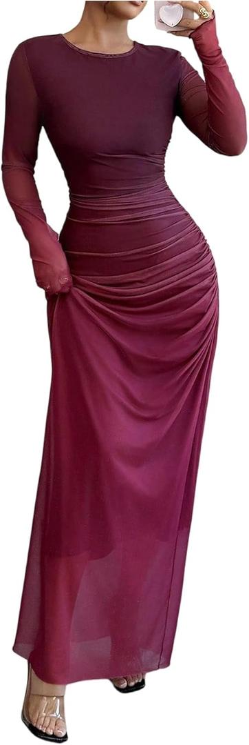 BEAUDRM Women's Fall Wedding Guest Dress Long Sleeve Cocktail Date Night Sexy Y2K Bodycon Ruched Mesh Formal Maxi Dresses (Burgundy)