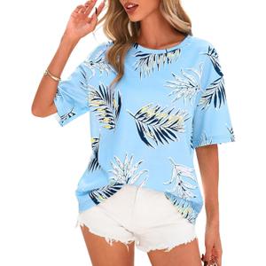 PRETTYGARDEN Summer Leopard Print Tops for Women Short Sleeve Crew Neck Floral T Shirts Casual Blouses (S)
