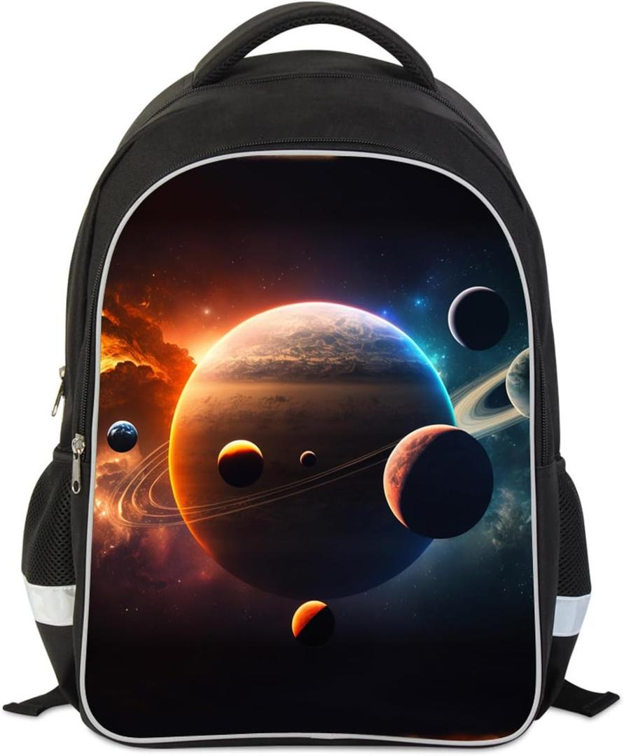 Solar System Planets Stars Space Kids Backpack, Galaxy School Bookbag for Boys and Girls, Polyester, 17 Inches Back Pack, Giftable, Bottle Holders, Tablet Compartment