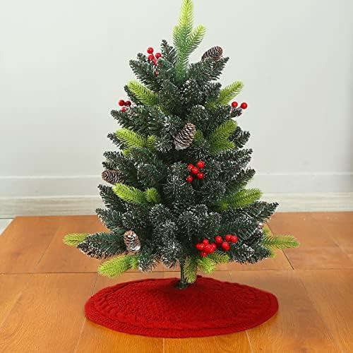 Sattiyrch Small Christmas Tree Skirt 18in, Luxury Cable Knitted Thick Rustic Xmas Small Tree Skirt (Burgundy, 18in)