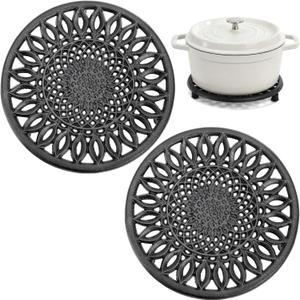 2 Pack Cast Iron Trivet, 7.8'' Sunflower Round Metal Trivets with Rubber Feet Caps, Heavy-Duty Heat Resistant Hot Pot Stand Dishes Holder for Kitchen, Dining Table, Countertop